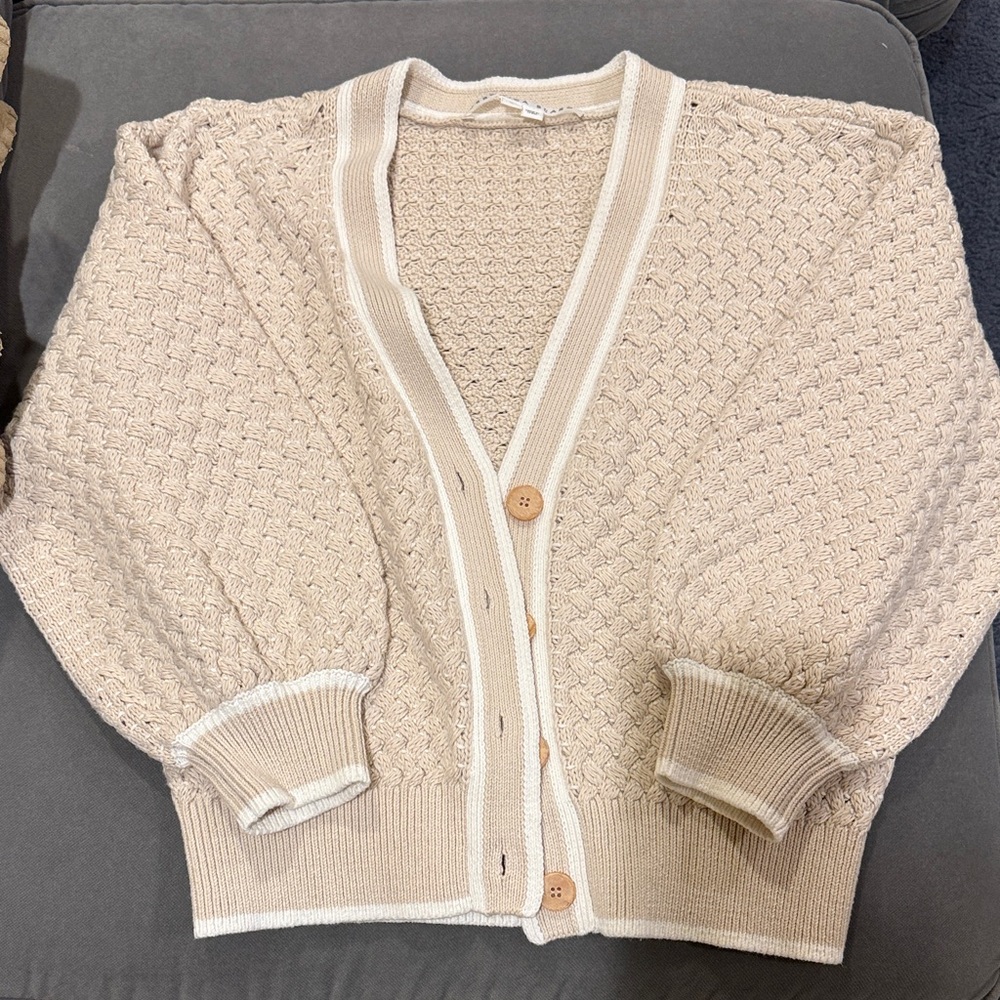 Veronica Beard Kylean Cream Knit Button-Front Cardigan with Ivory Trim
